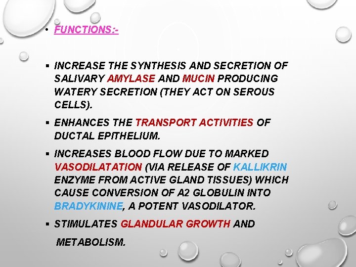  • FUNCTIONS: § INCREASE THE SYNTHESIS AND SECRETION OF SALIVARY AMYLASE AND MUCIN