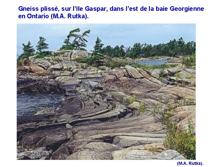 Gneiss plissé, sur l’île Gaspar, dans l’est de la baie Georgienne en Ontario (M. Gneiss plissé, sur l’île Gaspar, dans l’est de la baie Georgienne en Ontario (M.