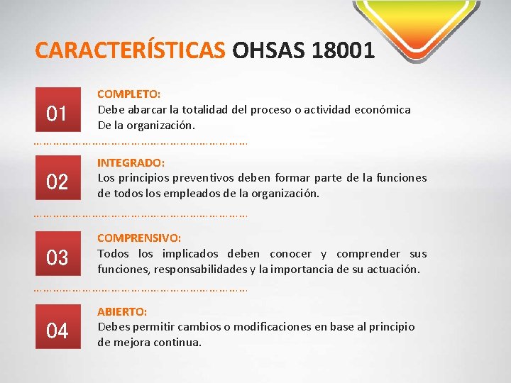 CARACTERÍSTICAS OHSAS 18001 01 COMPLETO: Debe abarcar la totalidad del proceso o actividad económica