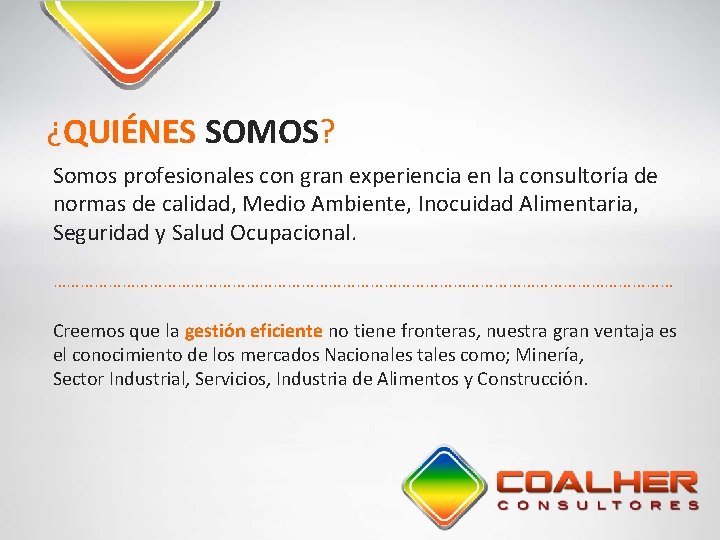 ¿QUIÉNES SOMOS? Somos profesionales con gran experiencia en la consultoría de normas de calidad,