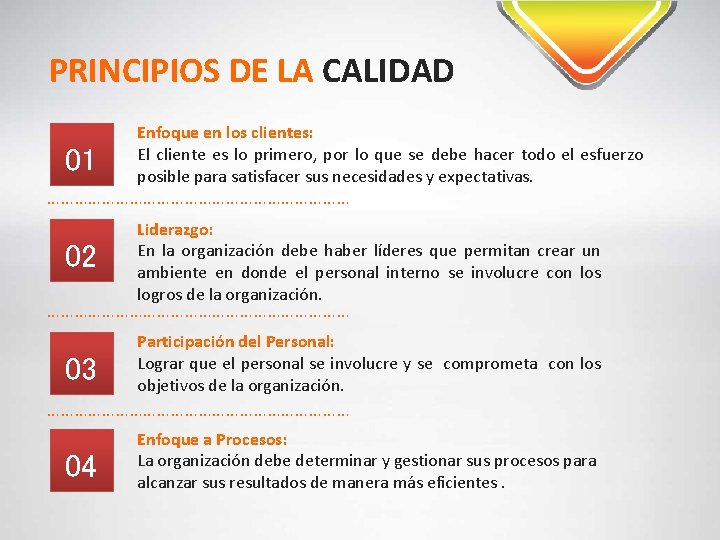 PRINCIPIOS DE LA CALIDAD 01 Enfoque en los clientes: El cliente es lo primero,