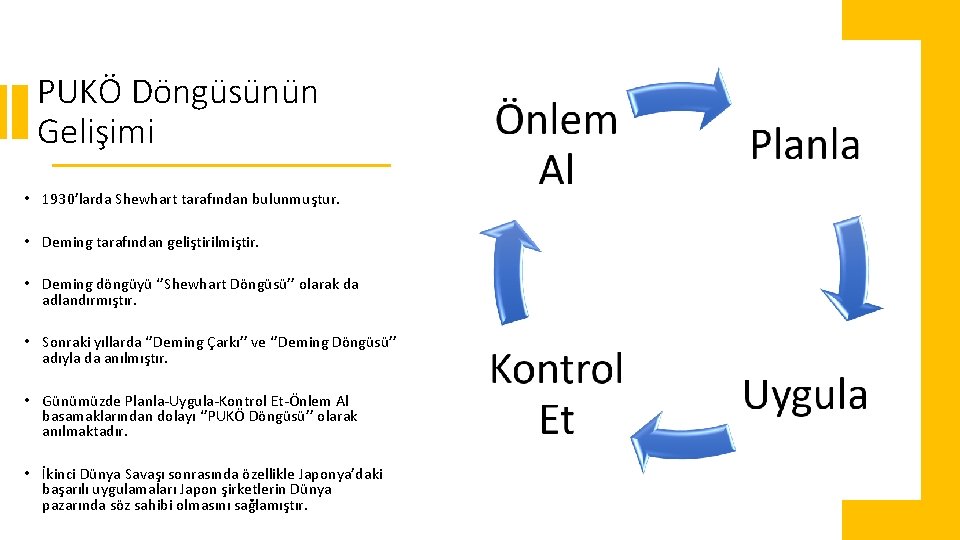 PUKÖ Döngüsünün Gelişimi • 1930’larda Shewhart tarafından bulunmuştur. • Deming tarafından geliştirilmiştir. • Deming