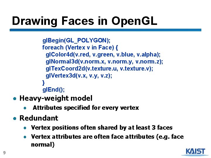 Drawing Faces in Open. GL gl. Begin(GL_POLYGON); foreach (Vertex v in Face) { gl.