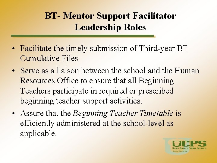 BT- Mentor Support Facilitator Leadership Roles • Facilitate the timely submission of Third-year BT