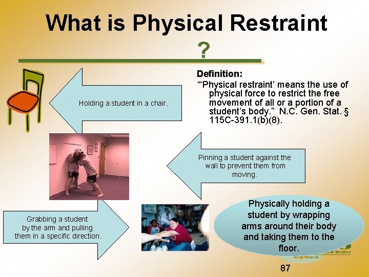 What is Physical Restraint ? Holding a student in a chair. Definition: “‘Physical restraint’