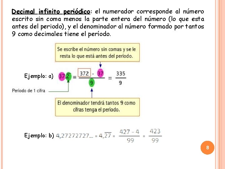 Decimal infinito periódico: el numerador corresponde al número escrito sin coma menos la parte