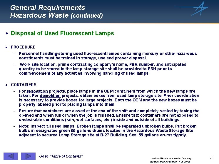 General Requirements Hazardous Waste (continued) · Disposal of Used Fluorescent Lamps · PROCEDURE -