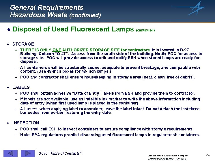 General Requirements Hazardous Waste (continued) · Disposal of Used Fluorescent Lamps (continued) · STORAGE