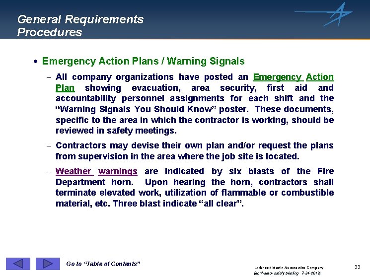 General Requirements Procedures · Emergency Action Plans / Warning Signals - All company organizations