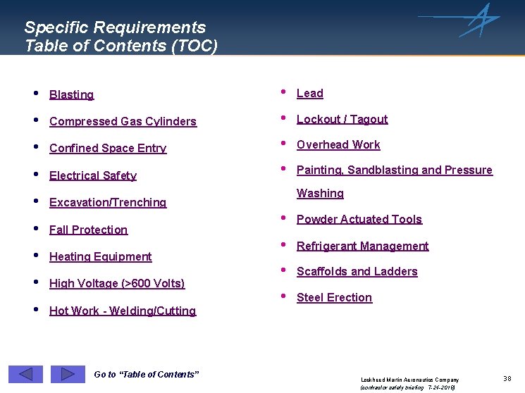 Specific Requirements Table of Contents (TOC) i Blasting i Lead i Compressed Gas Cylinders