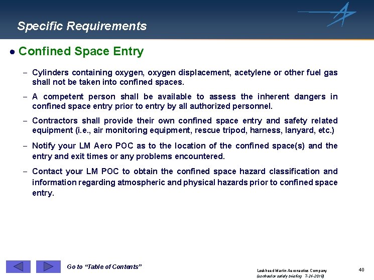 Specific Requirements · Confined Space Entry - Cylinders containing oxygen, oxygen displacement, acetylene or