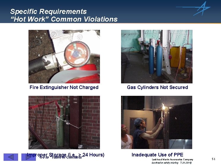 Specific Requirements “Hot Work” Common Violations Fire Extinguisher Not Charged Improper Storage (i. e.