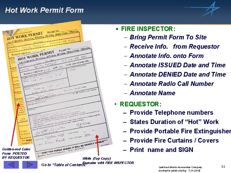 Hot Work Permit Form · FIRE INSPECTOR: - Bring Permit Form To Site -