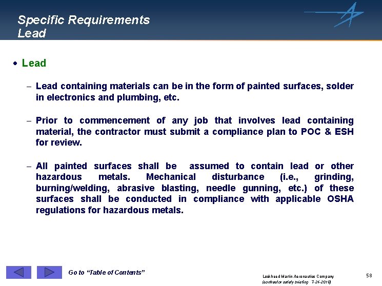 Specific Requirements Lead · Lead - Lead containing materials can be in the form