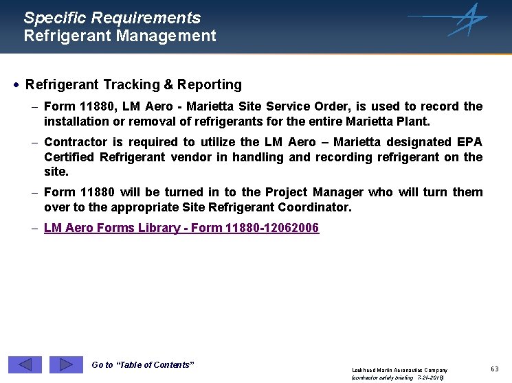 Specific Requirements Refrigerant Management · Refrigerant Tracking & Reporting - Form 11880, LM Aero