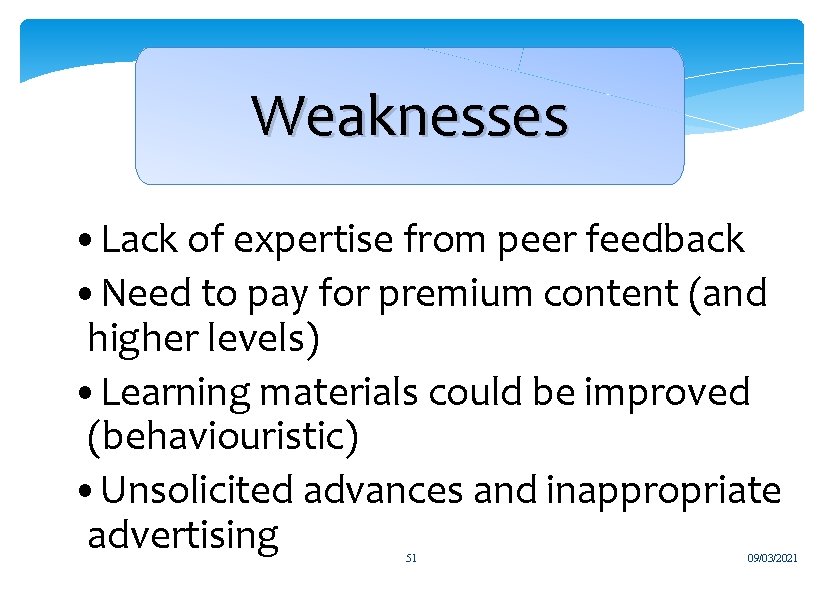 Weaknesses • Lack of expertise from peer feedback • Need to pay for premium