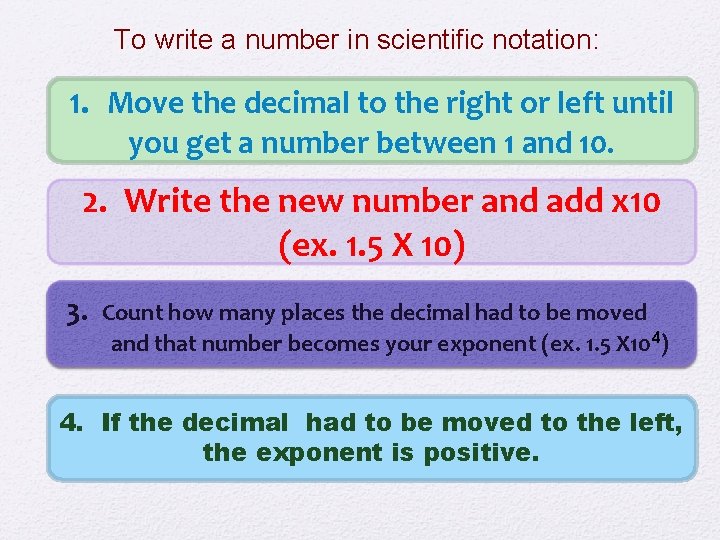 To write a number in scientific notation: 1. Move the decimal to the right