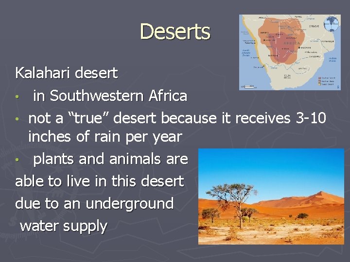 Deserts Kalahari desert • in Southwestern Africa • not a “true” desert because it