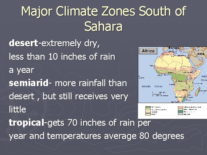Major Climate Zones South of Sahara desert-extremely dry, less than 10 inches of rain