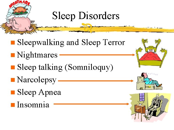 Sleep Disorders n Sleepwalking and Sleep Terror n Nightmares n Sleep talking (Somniloquy) n Sleep Disorders n Sleepwalking and Sleep Terror n Nightmares n Sleep talking (Somniloquy) n