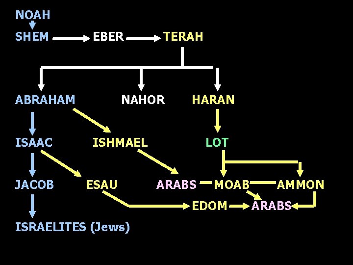 NOAH SHEM EBER ABRAHAM ISAAC JACOB TERAH NAHOR HARAN ISHMAEL ESAU LOT ARABS MOAB