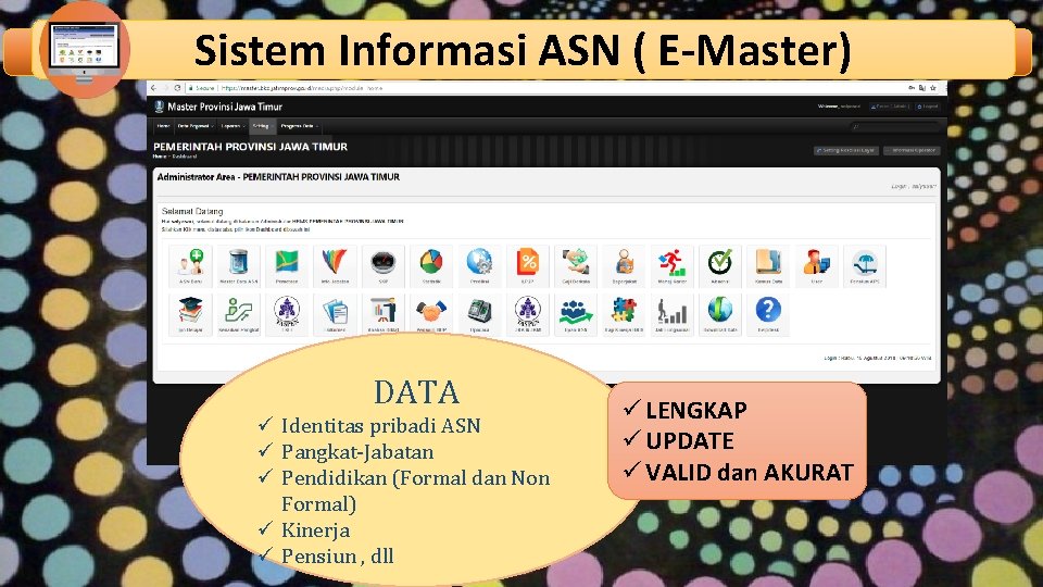 Sistem Informasi ASN ( E-Master) DATA ü Identitas pribadi ASN ü Pangkat-Jabatan ü Pendidikan