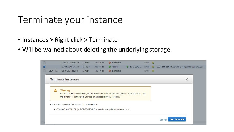 Terminate your instance • Instances > Right click > Terminate • Will be warned