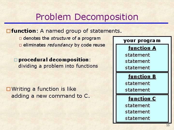 Problem Decomposition �function: A named group of statements. � denotes the structure of a