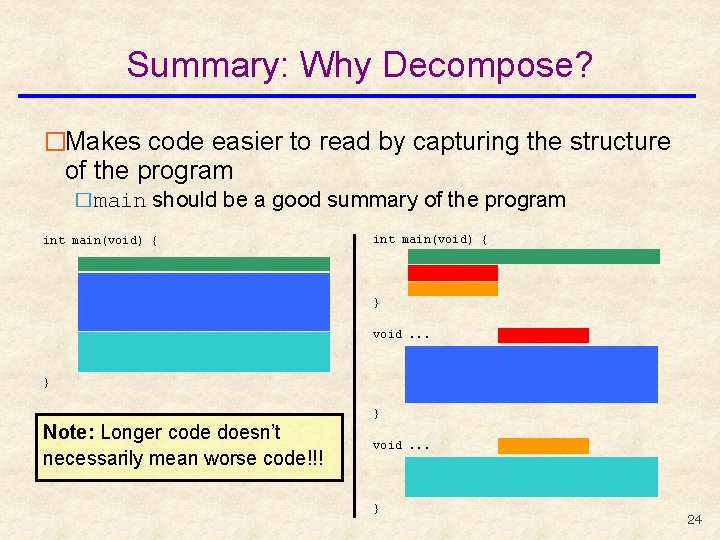 Summary: Why Decompose? �Makes code easier to read by capturing the structure of the