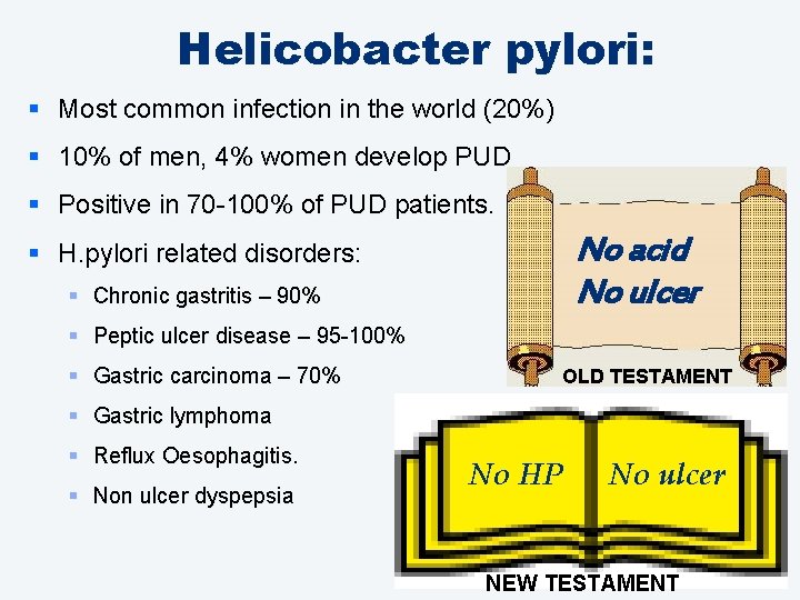 Helicobacter pylori: § Most common infection in the world (20%) § 10% of men,