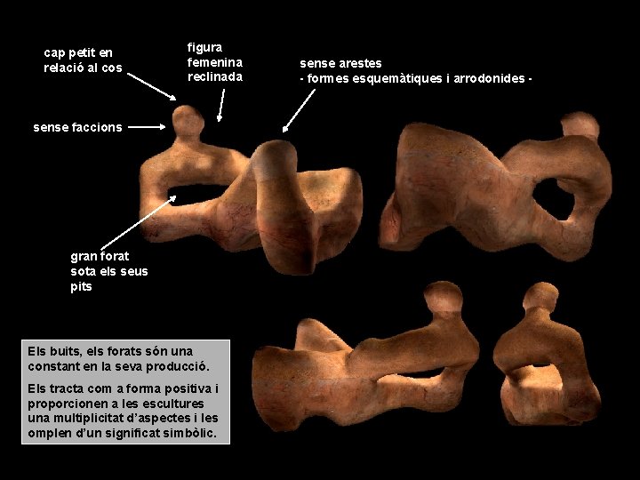 cap petit en relació al cos figura femenina reclinada sense faccions gran forat sota