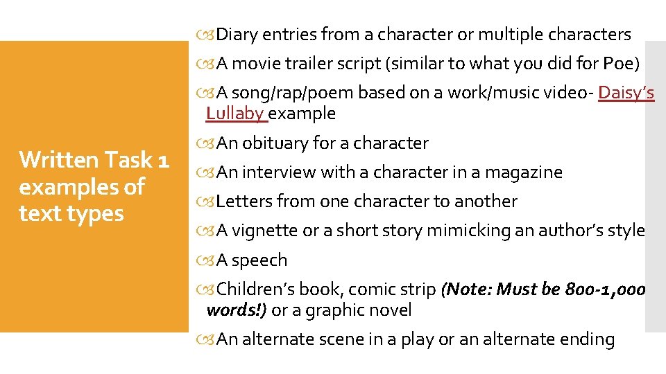 Written Task 1 examples of text types Diary entries from a character or multiple