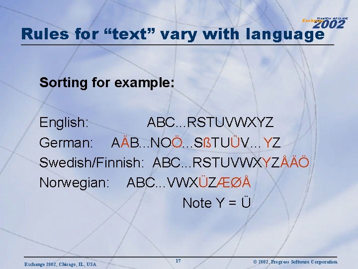 2002 PROGRESS WORLDWIDE Exchange Rules for “text” vary with language Sorting for example: English: