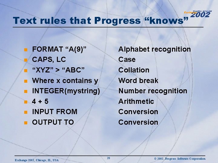 2002 PROGRESS WORLDWIDE Exchange Text rules that Progress “knows” n n n n FORMAT