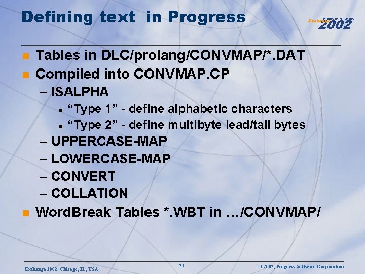 Defining text in Progress n n 2002 PROGRESS WORLDWIDE Exchange Tables in DLC/prolang/CONVMAP/*. DAT