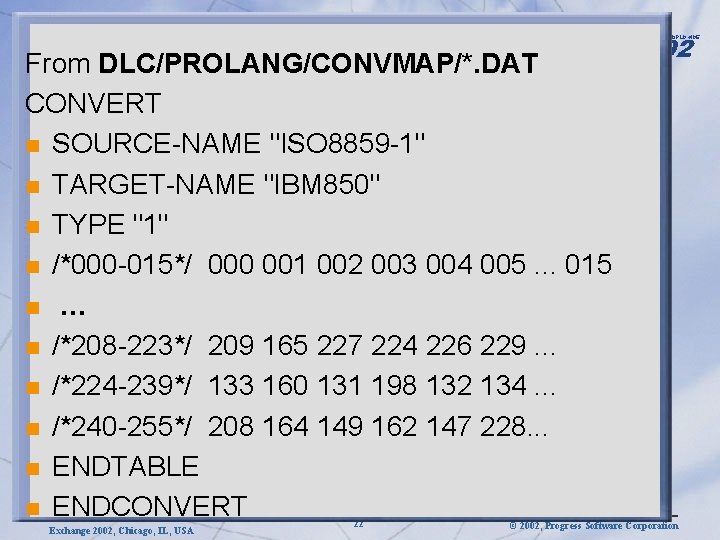 2002 PROGRESS WORLDWIDE Exchange From DLC/PROLANG/CONVMAP/*. DAT CONVERT n SOURCE-NAME "ISO 8859 -1" n