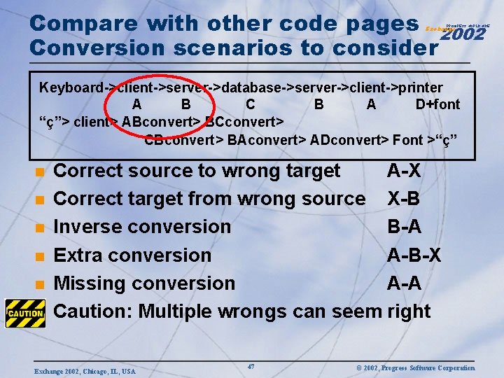 Compare with other code pages 2002 Conversion scenarios to consider PROGRESS WORLDWIDE Exchange Keyboard->client->server->database->server->client->printer