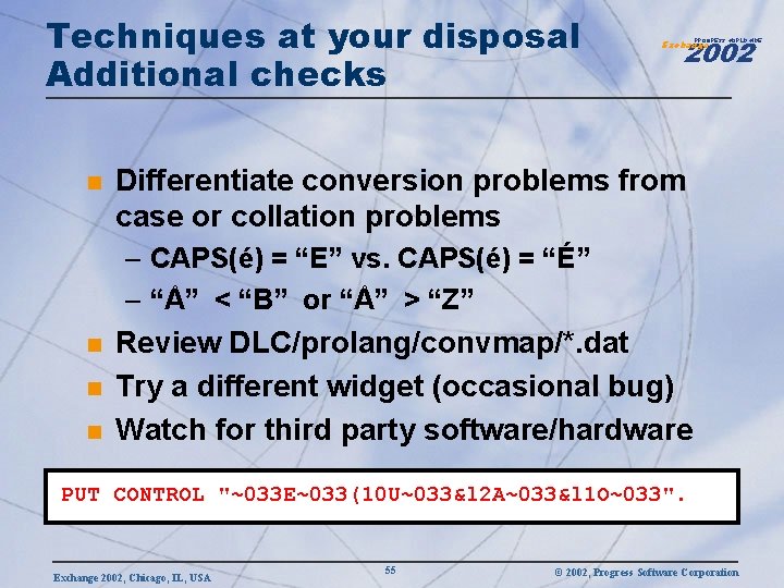 Techniques at your disposal Additional checks n 2002 PROGRESS WORLDWIDE Exchange Differentiate conversion problems