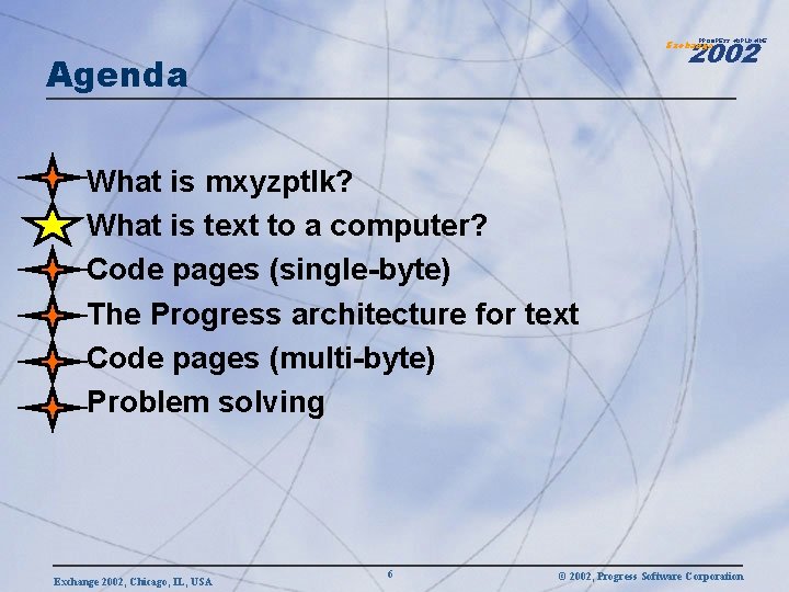 2002 PROGRESS WORLDWIDE Exchange Agenda What is mxyzptlk? What is text to a computer?