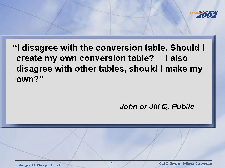 2002 PROGRESS WORLDWIDE Exchange “I disagree with the conversion table. Should I create my