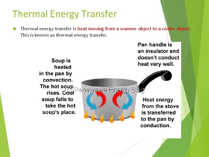 Thermal Energy Transfer Thermal energy transfer is heat moving from a warmer object to