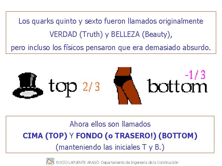 Los quarks quinto y sexto fueron llamados originalmente VERDAD (Truth) y BELLEZA (Beauty), pero