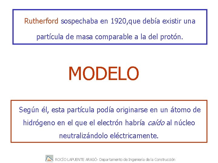 Rutherford sospechaba en 1920, que debía existir una partícula de masa comparable a la