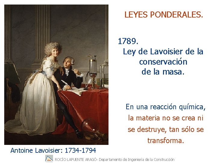 LEYES PONDERALES. 1789. Ley de Lavoisier de la conservación de la masa. En una