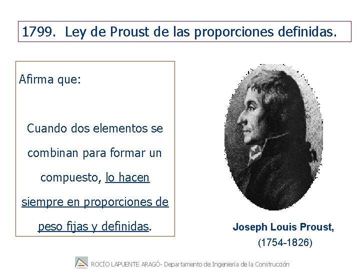 1799. Ley de Proust de las proporciones definidas. Afirma que: Cuando dos elementos se