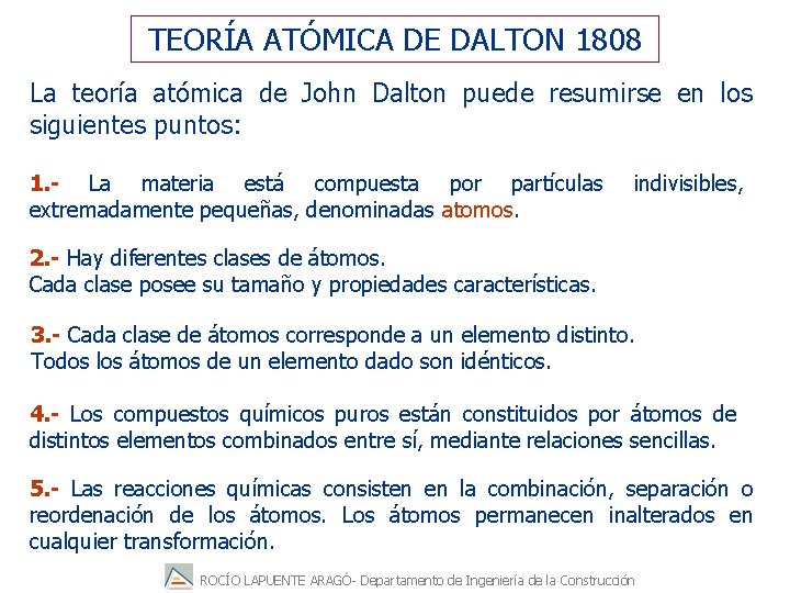 TEORÍA ATÓMICA DE DALTON 1808 La teoría atómica de John Dalton puede resumirse en