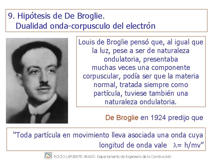 9. Hipótesis de De Broglie. Dualidad onda-corpusculo del electrón Louis de Broglie pensó que,