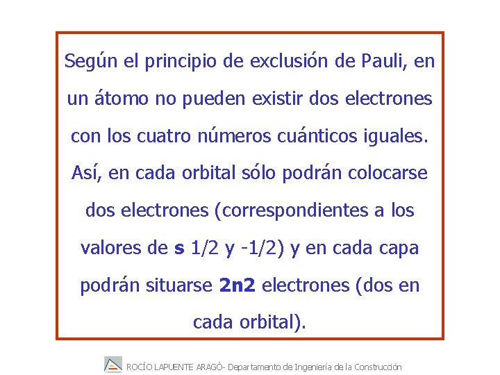 Según el principio de exclusión de Pauli, en un átomo no pueden existir dos