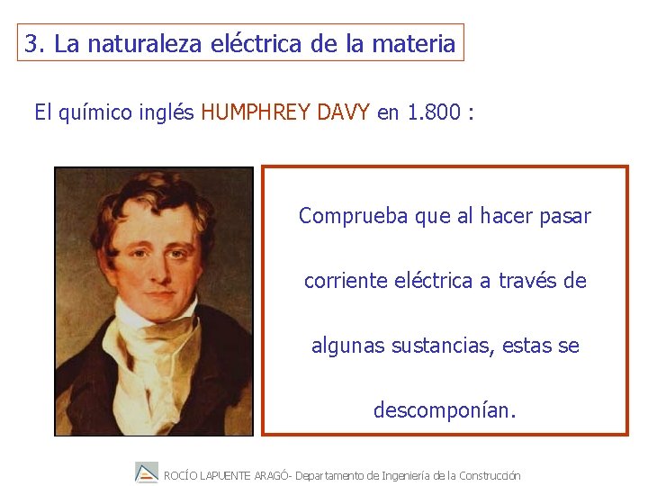 3. La naturaleza eléctrica de la materia El químico inglés HUMPHREY DAVY en 1.