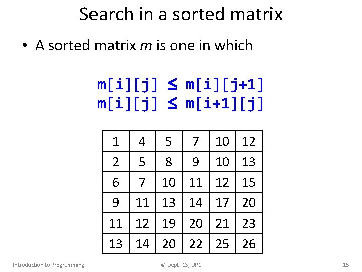 Search in a sorted matrix • A sorted matrix m is one in which